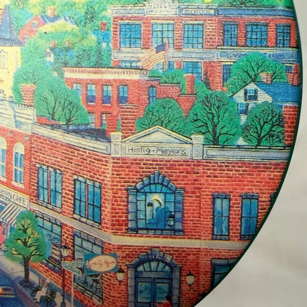 Vintage Heilig-Meyers‎ Folk Art Small Town Main Street Coaster Set with Tin 4pc